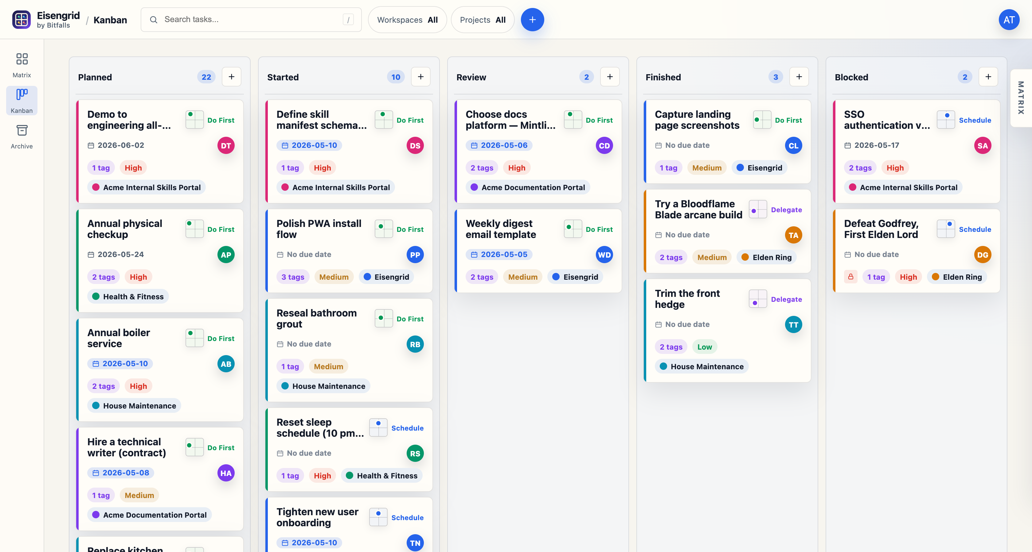 Eisengrid kanban board with status columns and project-coloured cards